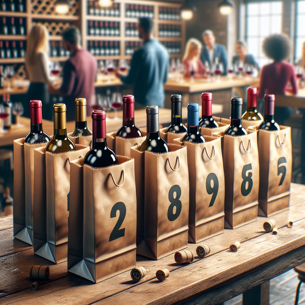 A lineup of wines in paper bags, numbered in preparation for a blind wine tasting